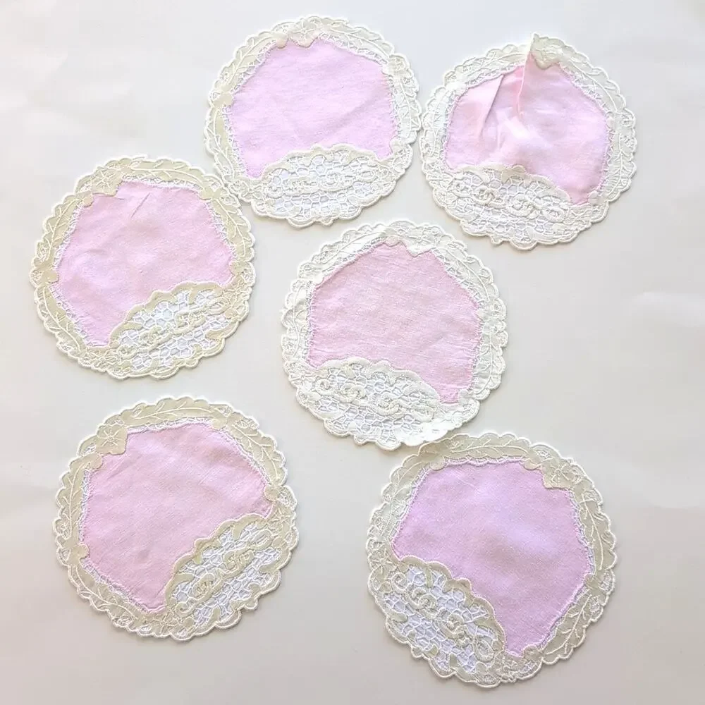 Vintage Pink & Ecru Hostess Set: Placemats, Napkins, Coasters, 6 sets, 18 pieces